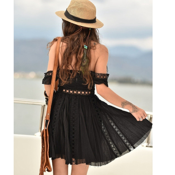 Free People Verona Black Mini Raw Hem Dress S Boho Lace Cottagecore Favorite - Picture 13 of 16